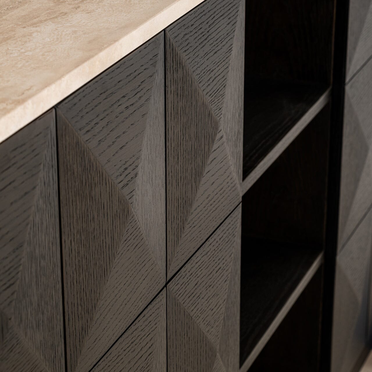 Norah Deep Brown 4 Door Sideboard with Shelving & Travertine Top Furniture