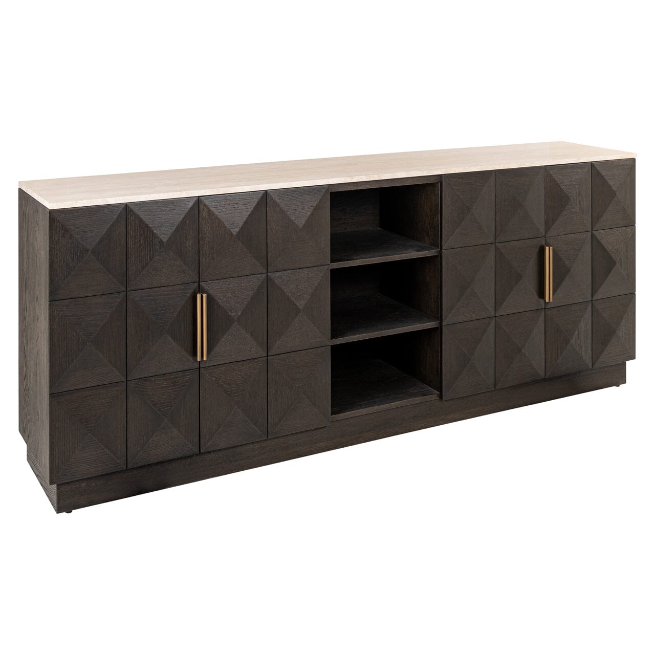 Norah Deep Brown 4 Door Sideboard with Shelving & Travertine Top Furniture