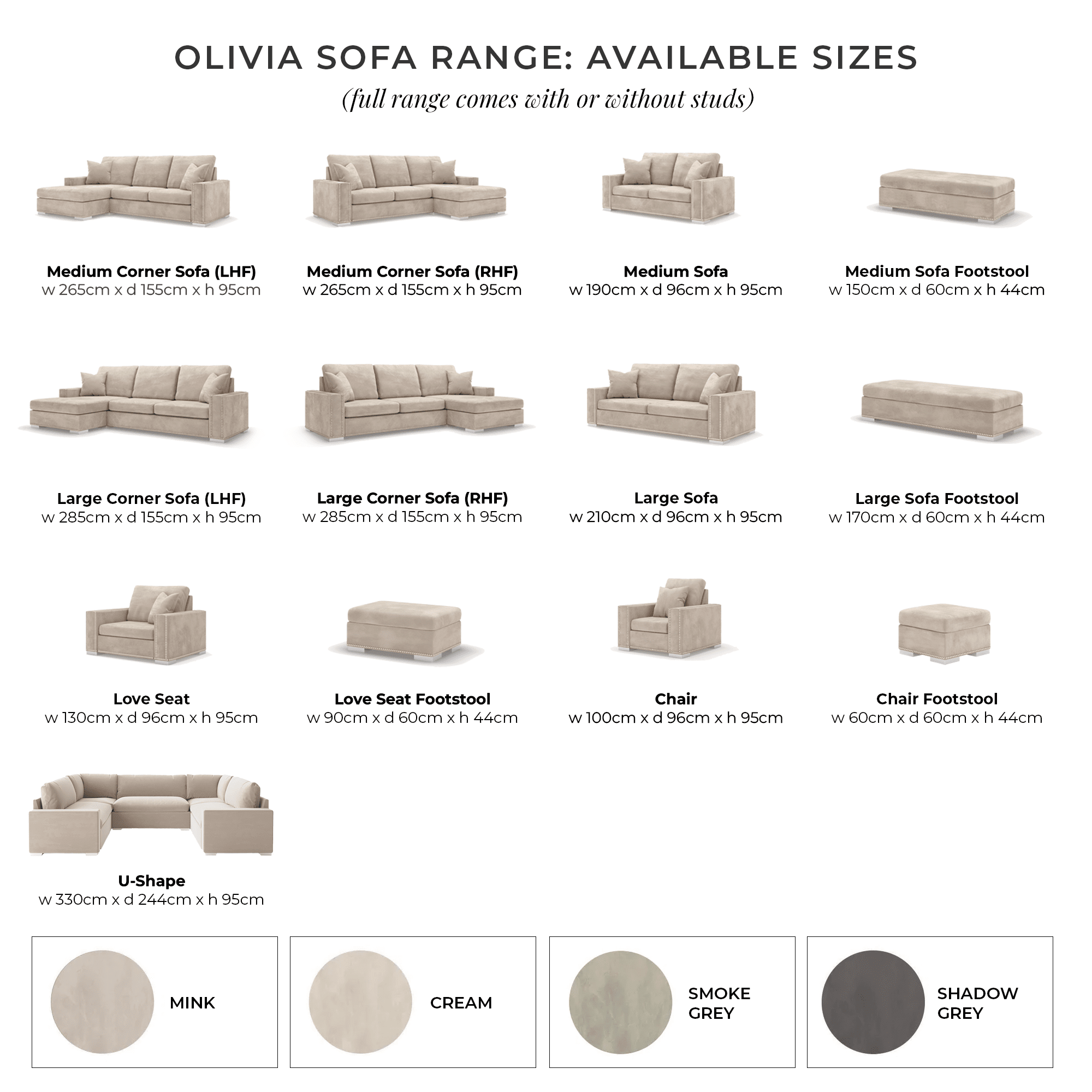 Olivia Premium Mink Sofa Range with Studs MTO Sofa