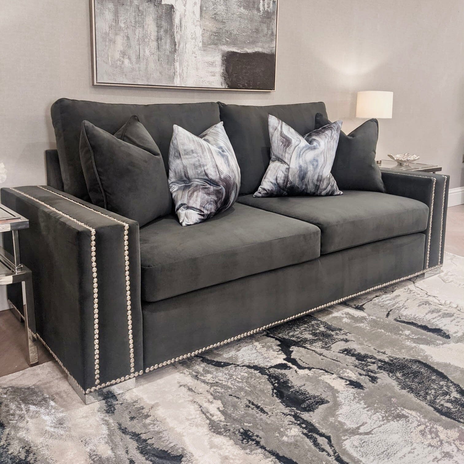 Olivia Premium Shadow Grey Sofa Range with Studs Sofa Large Sofa