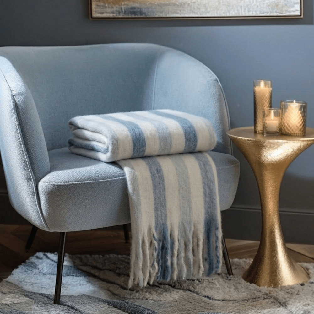 Ottilie Blue & White Striped Tasseled Throw Textiles