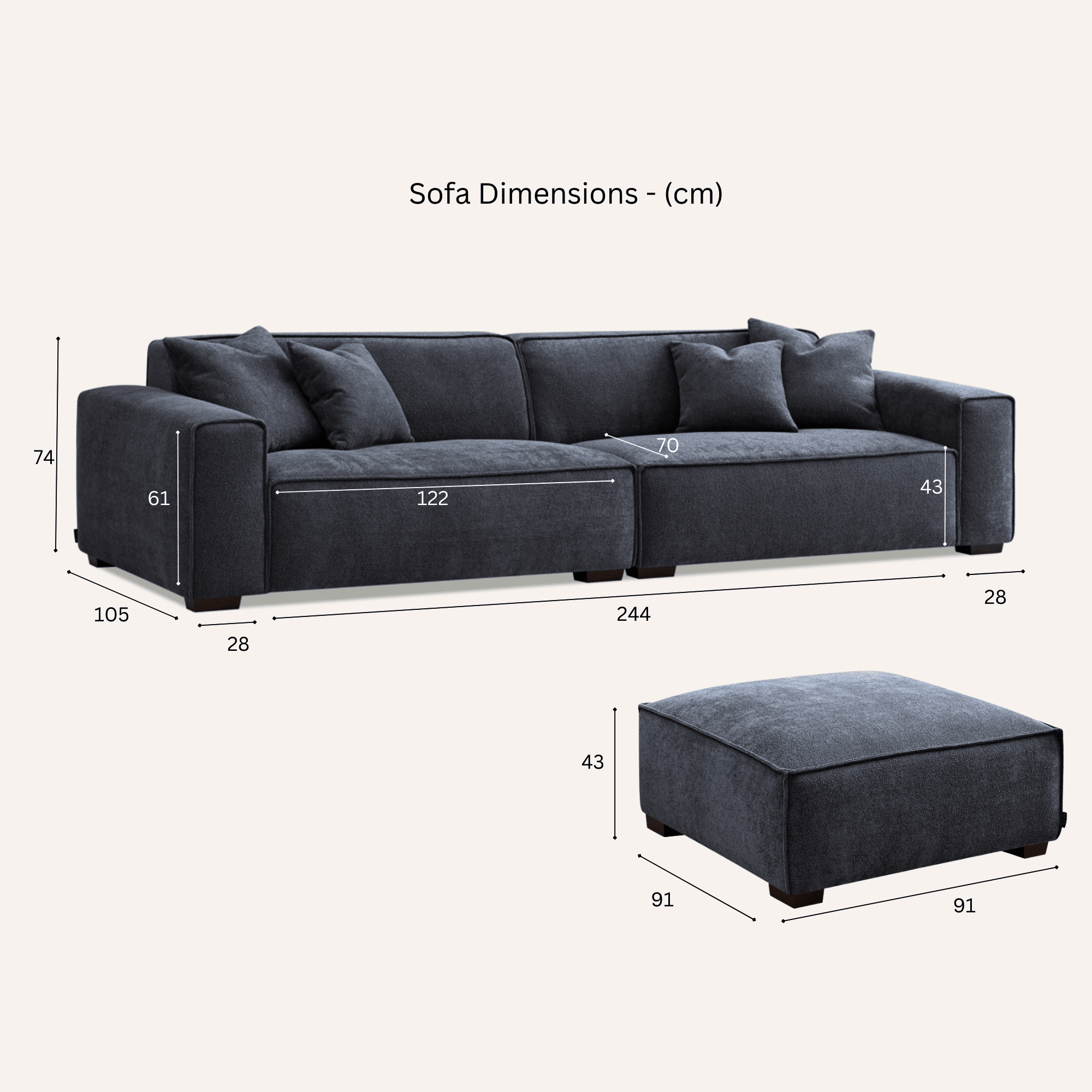 Ottilie Charcoal Boucle 4 Seater Sofa with Footstool Sofa