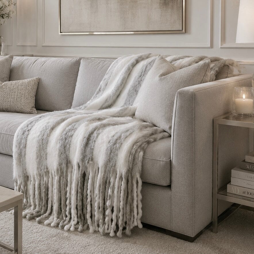 Ottilie Grey & White Striped Tasselled Throw Textiles