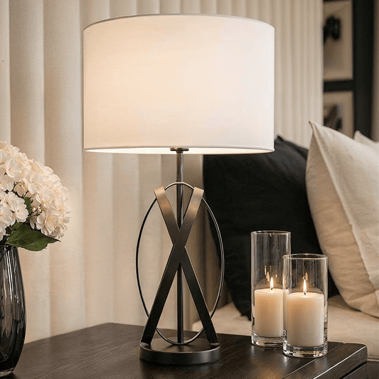 Pasadena Black Cross Base Table Lamp with White Linen Shade Lighting