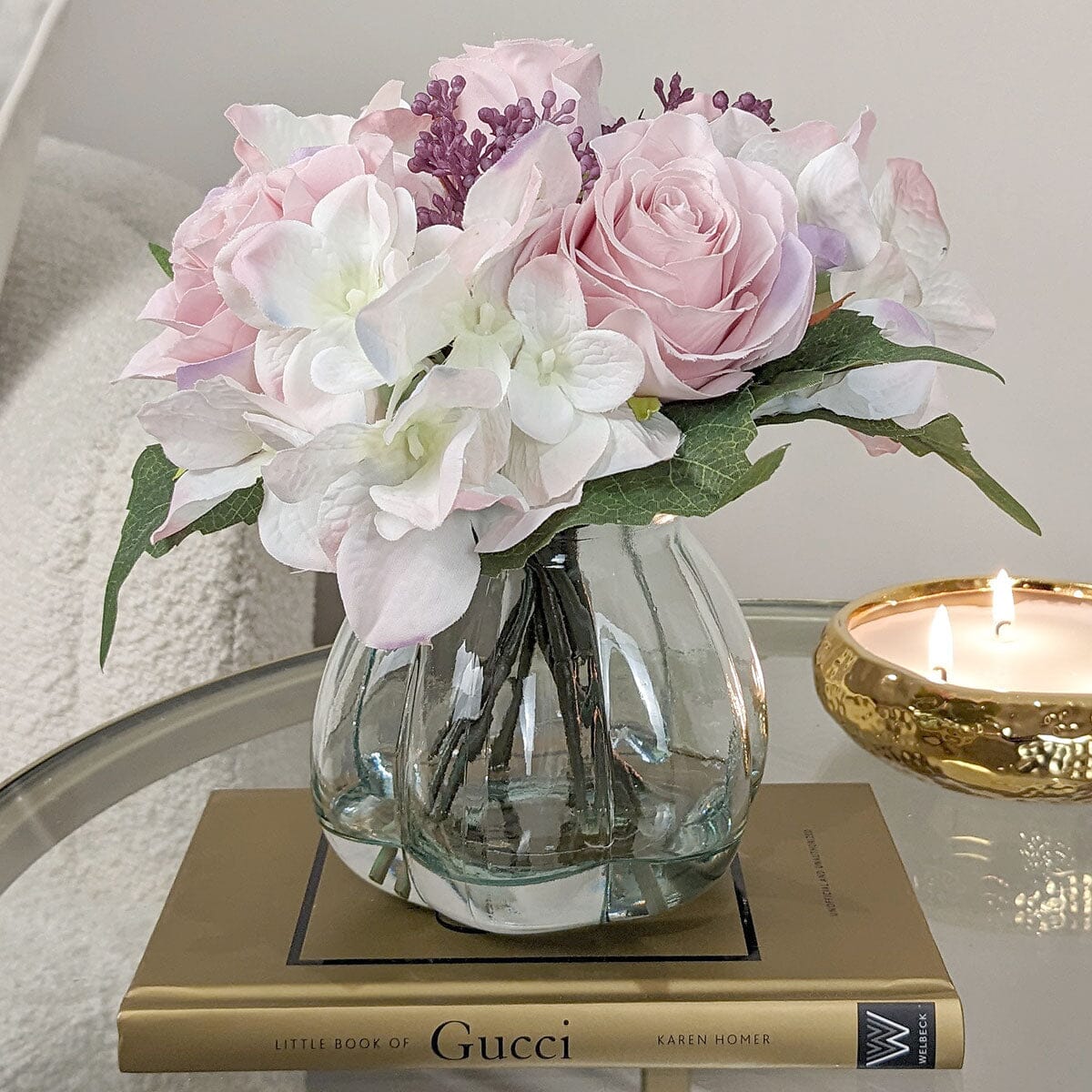 Pink and Cream Faux Rose & Hydrangea Florals in Vase Accessories