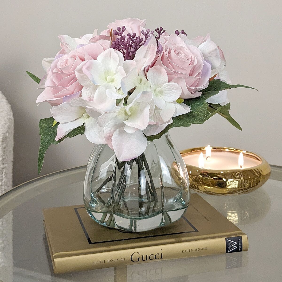 Pink and Cream Faux Rose & Hydrangea Florals in Vase Accessories