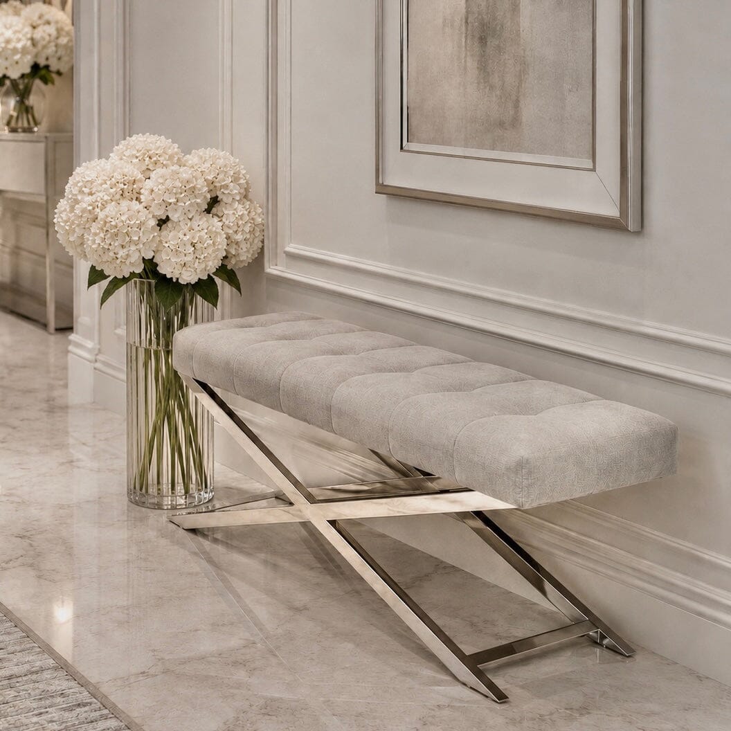 Portina Silver & Grey Velvet Channelled Bench Furniture