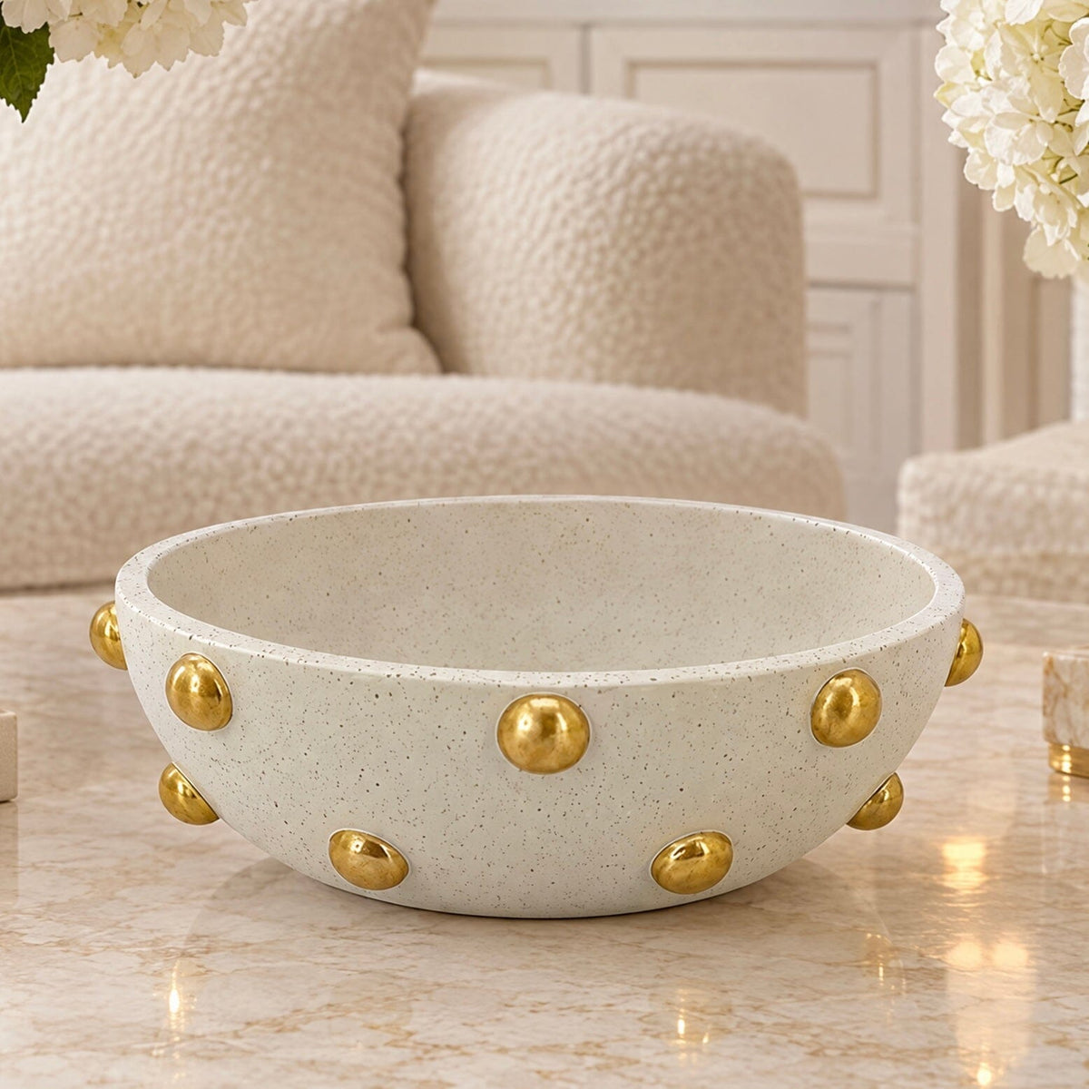 Raya Large Cream & Gold Studded Decorative Bowl Accessories