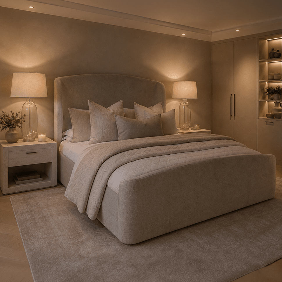 Reya Beige Textured Winged Ottoman Bed Beds and Headboards