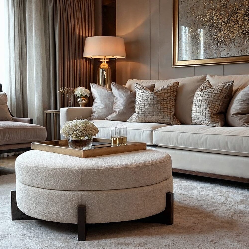 Richmond Neutral Boucle Round Storage Footstool with Walnut Detailing Furniture