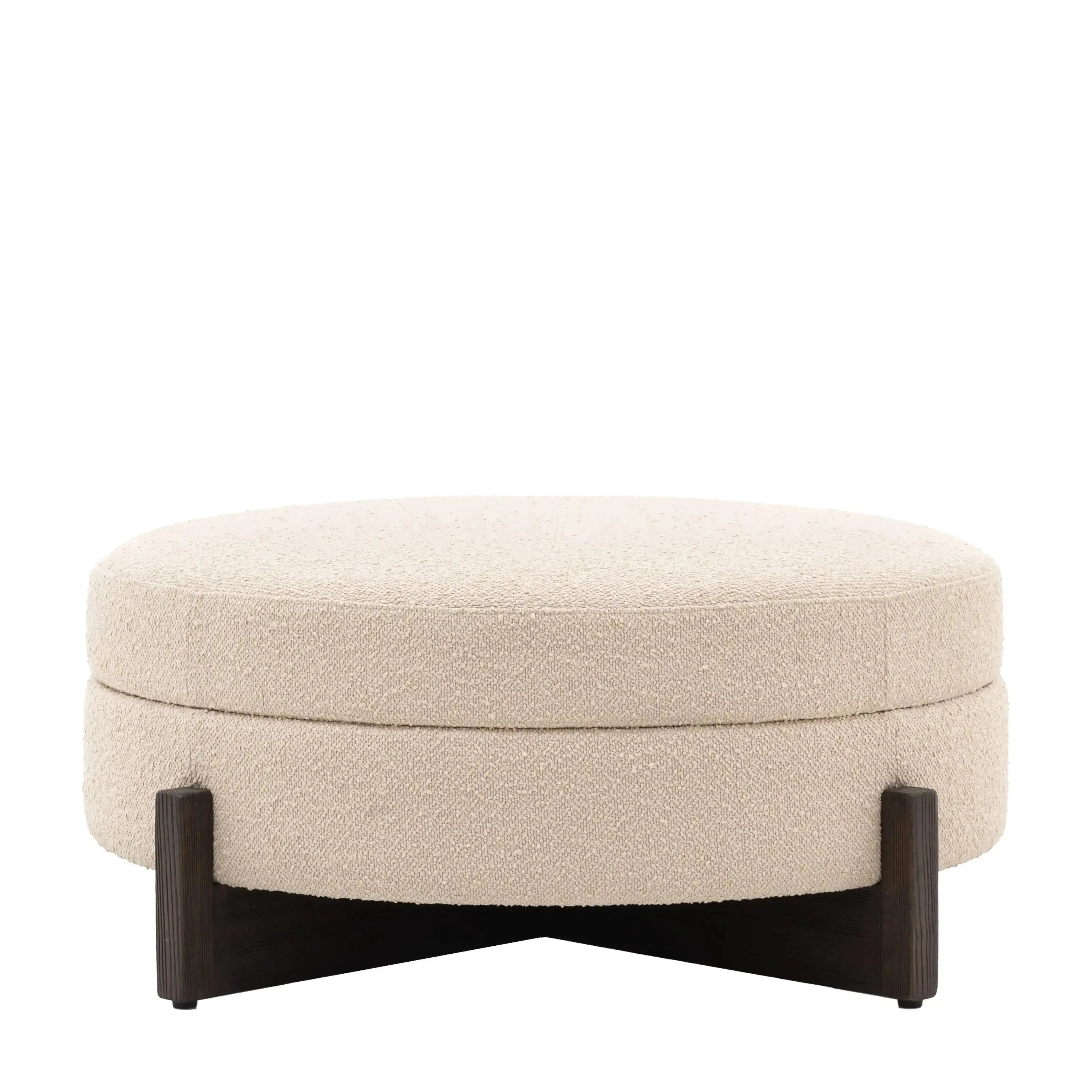 Richmond Neutral Boucle Round Storage Footstool with Walnut Detailing Furniture