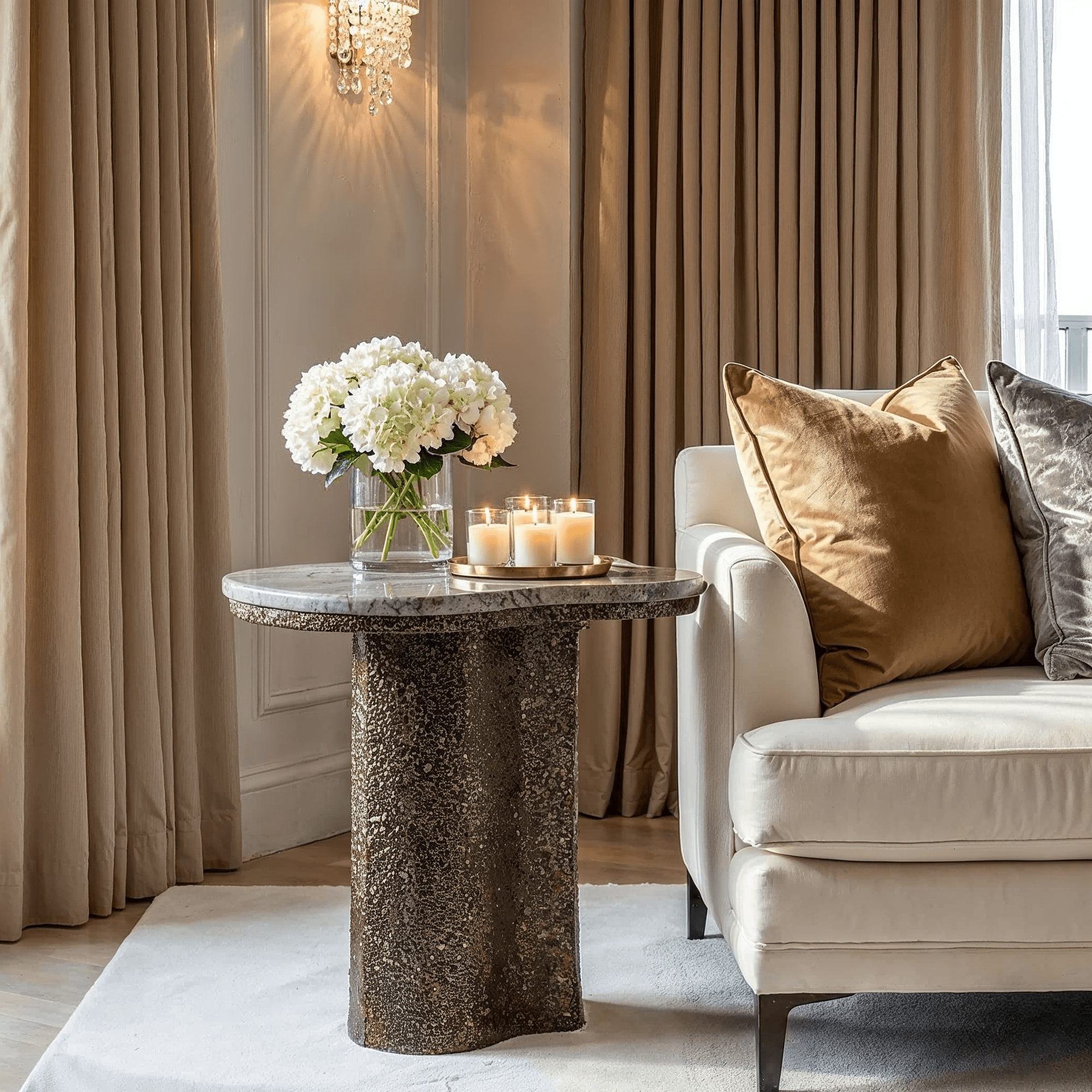 Rolter Neutral Marble Side Table with Brushed Brass Base Furniture