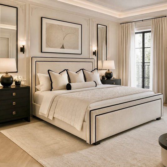 Sandro Vanilla Velvet Luxury Bed with Black Accent Border Beds and Headboards