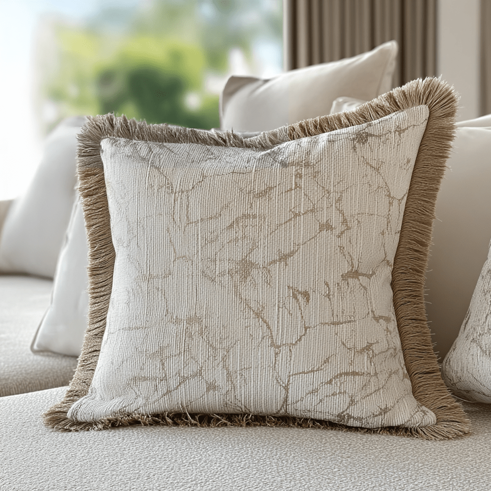 Saphira Cream Marble Effect Cushion with Fringe Detail - 43x43cm Accessories