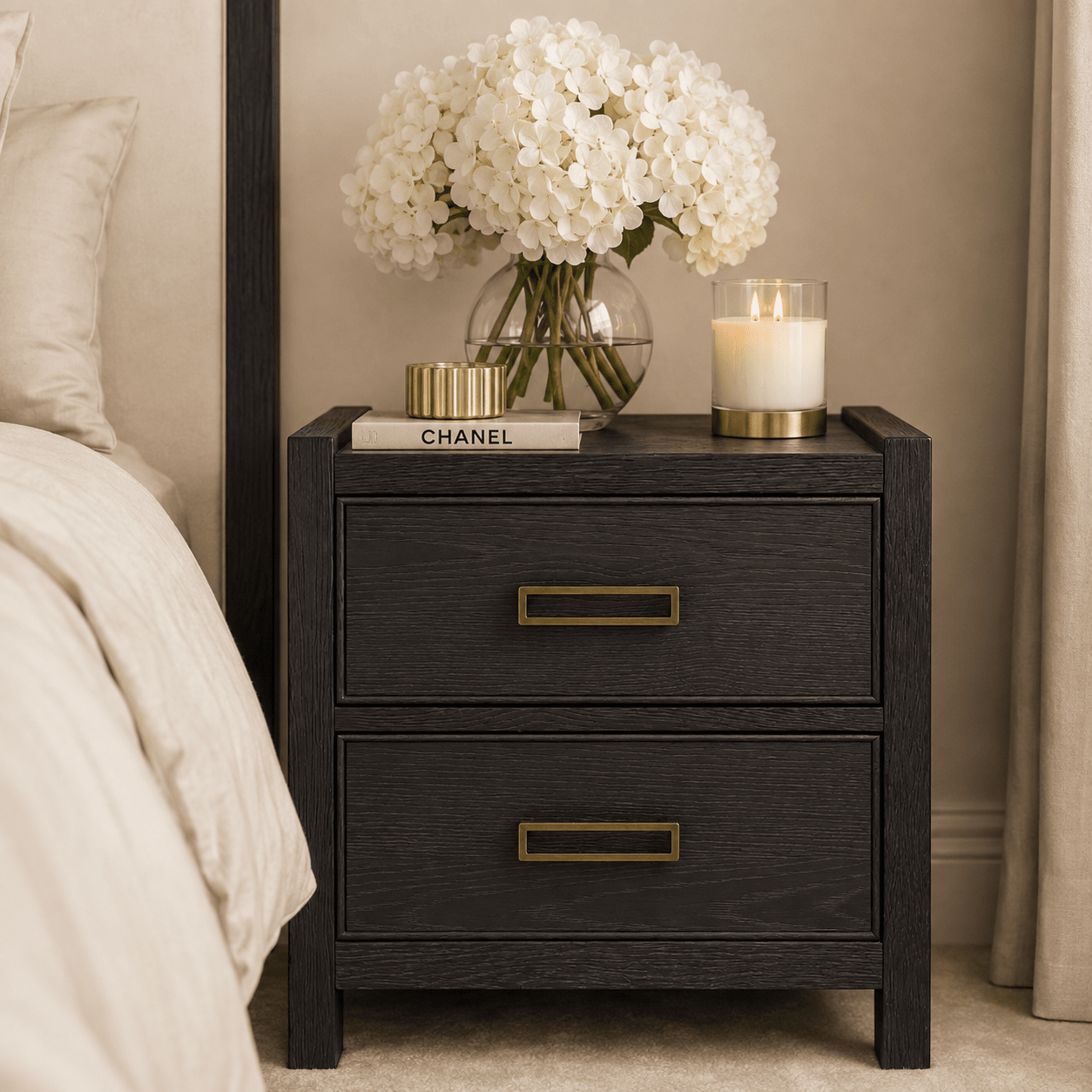 Soho Black Oak Veneer 2 Drawer Bedside Table Furniture