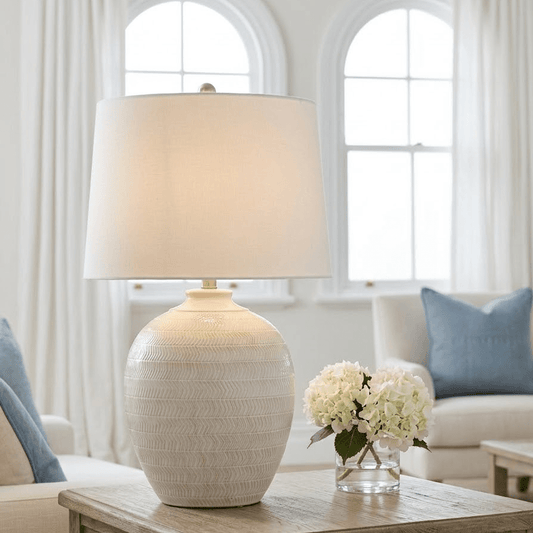 Soleil Ceramic Chevron Table Lamp with White Linen Shade Lighting