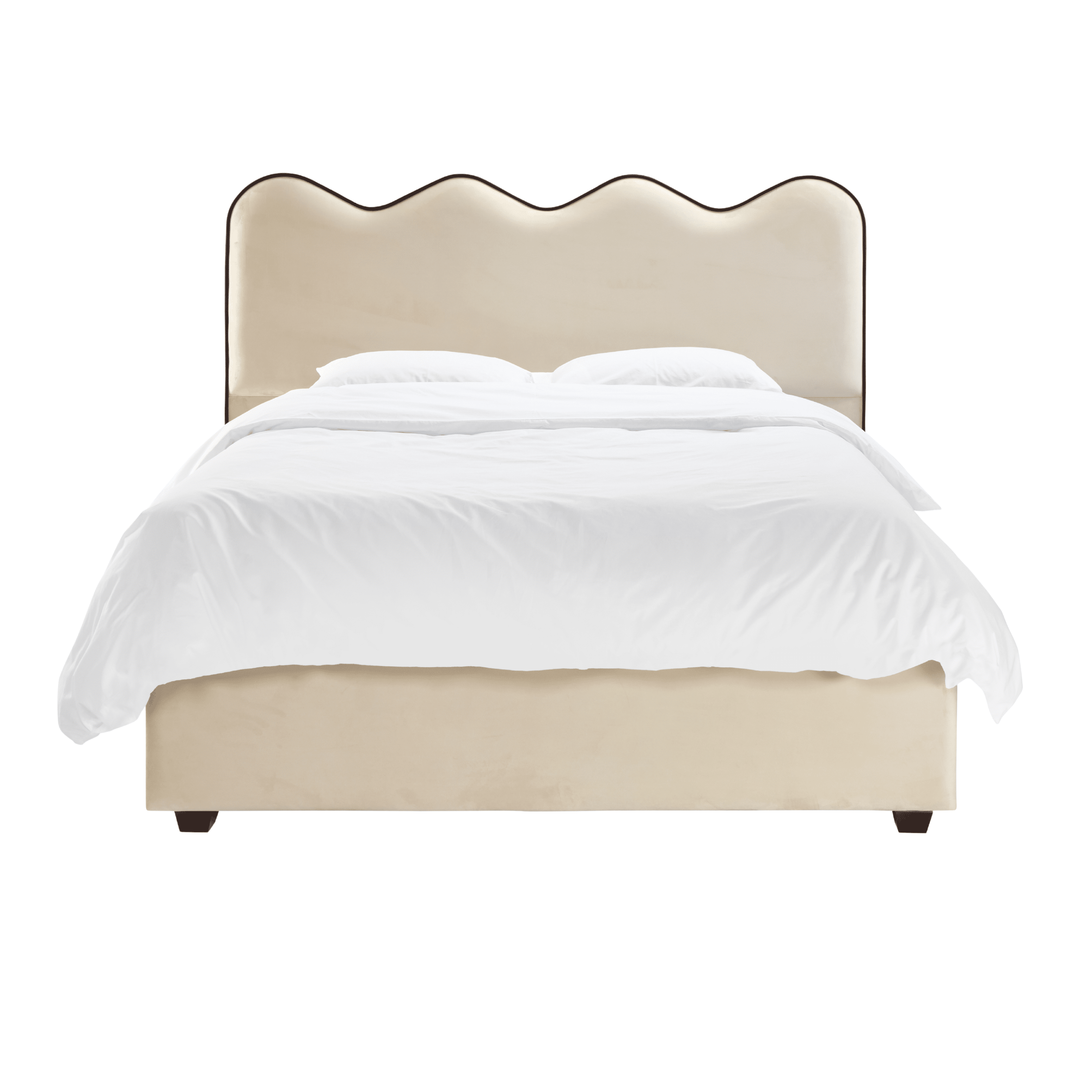 Squiggle Vanilla Velvet Scalloped Bed with Black Piping Detail Beds and Headboards
