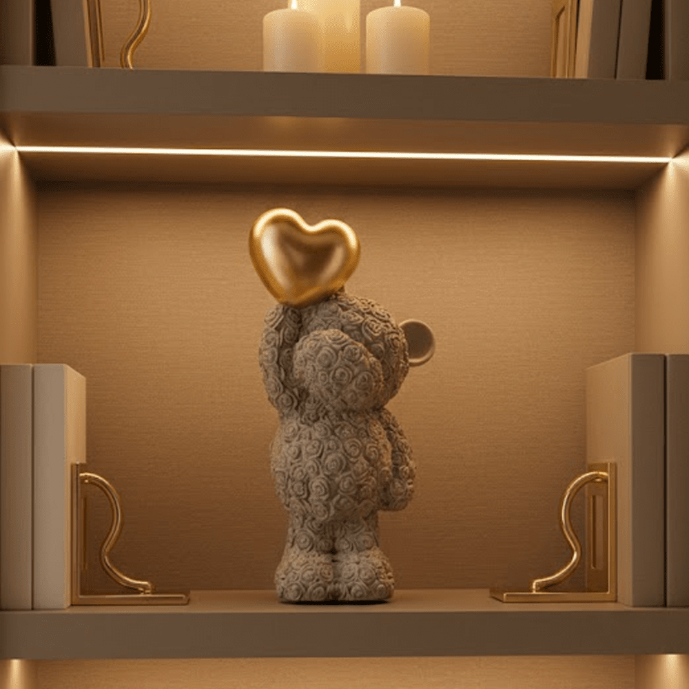 Standing Grey Bear with Gold Balloon Heart Ornament Accessories
