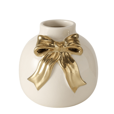 Talia Cream & Gold Decorative Vase with Bow Accessories