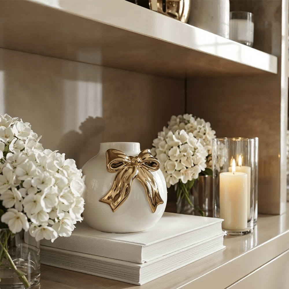 Talia Cream & Gold Decorative Vase with Bow Accessories