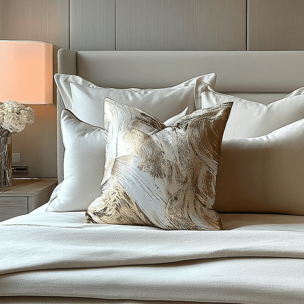 Talina Cream & Gold Brushstroke Pattern Feather Filled Cushion - 50x50cm Textiles