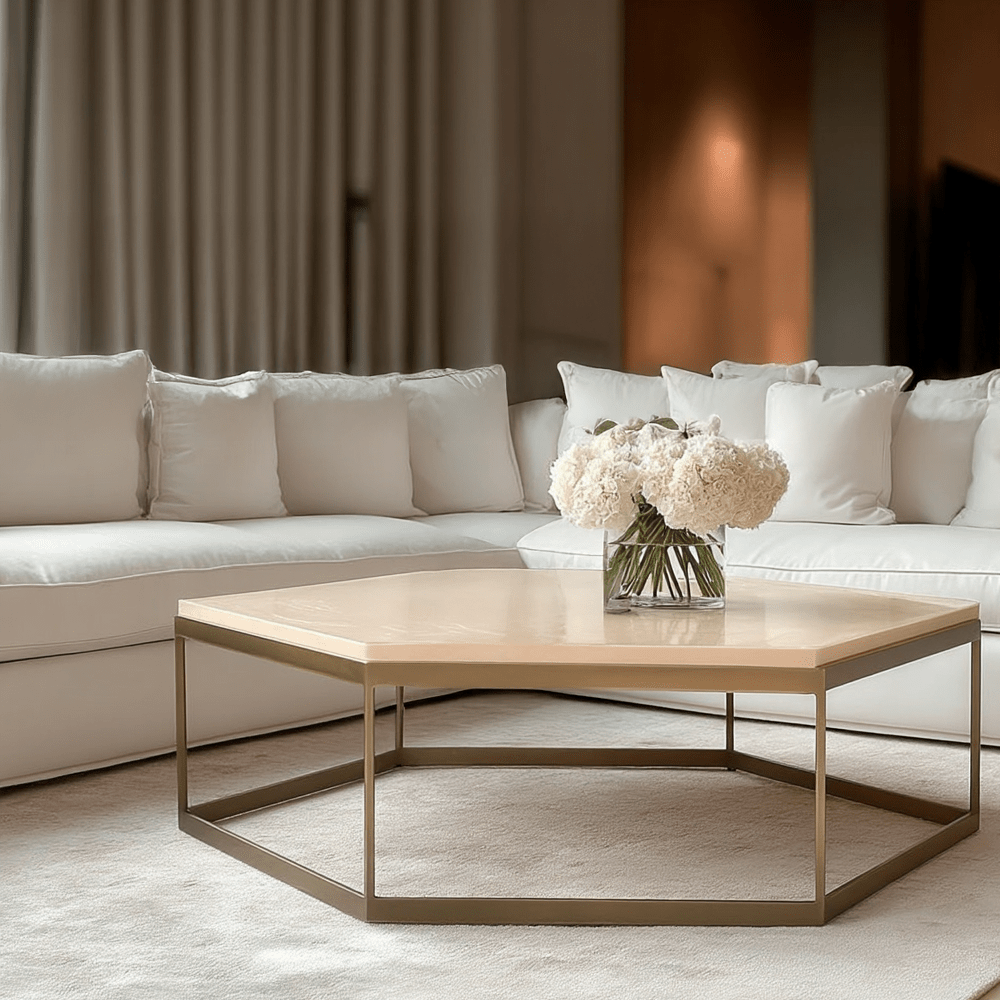 Tamzin Brass & Oak Hexagonal Coffee Table Furniture