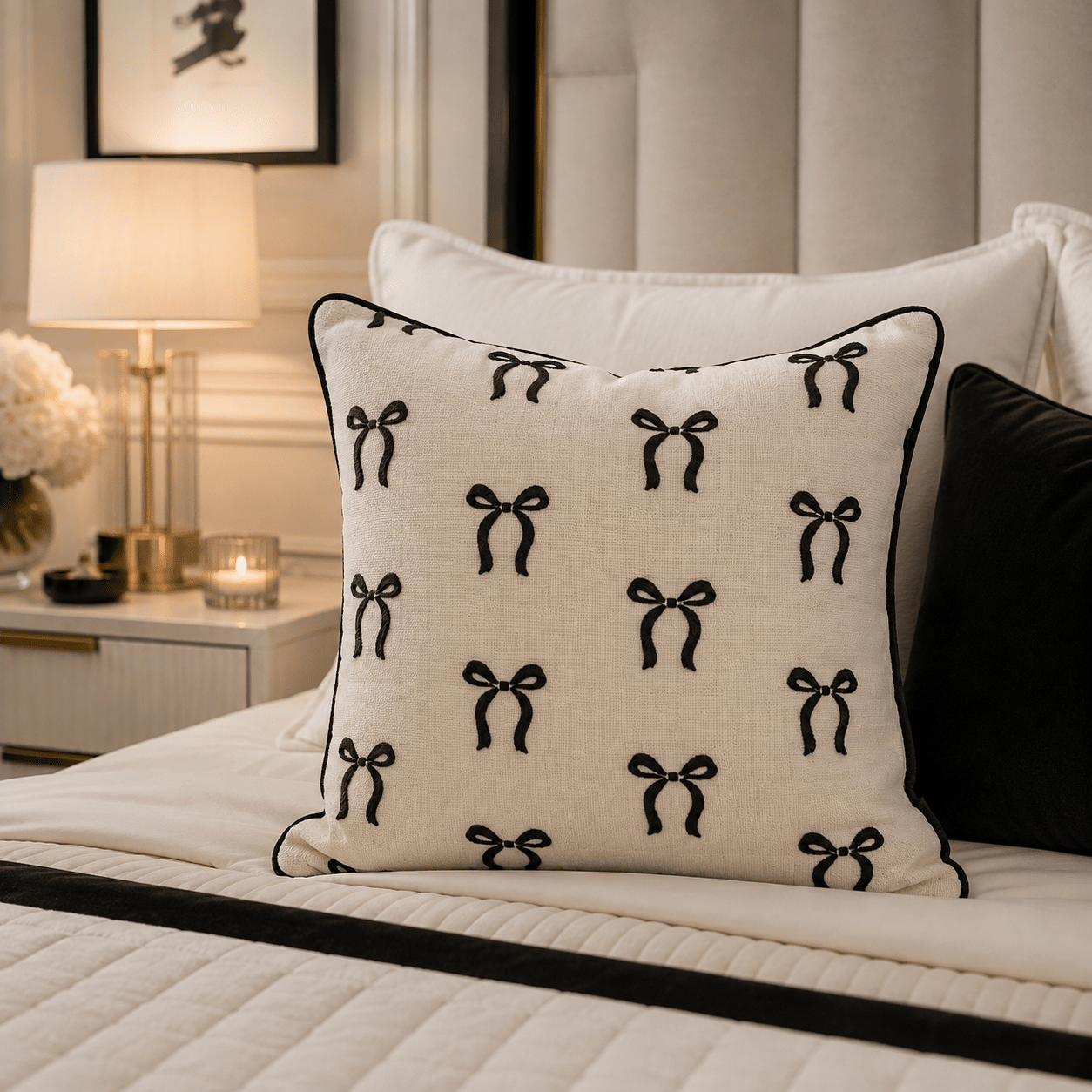 The Belle Monochrome Bow Print Cushion Cover - 45 x 45cm Textiles