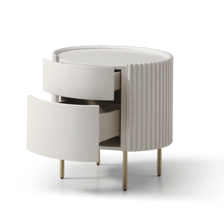 Tia Ribbed Rounded Beige 2 Drawer Bedside Table with Gold Legs Furniture