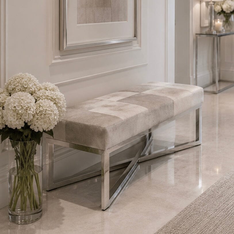 Tigran Light Grey Leather Bench with Silver Base Furniture