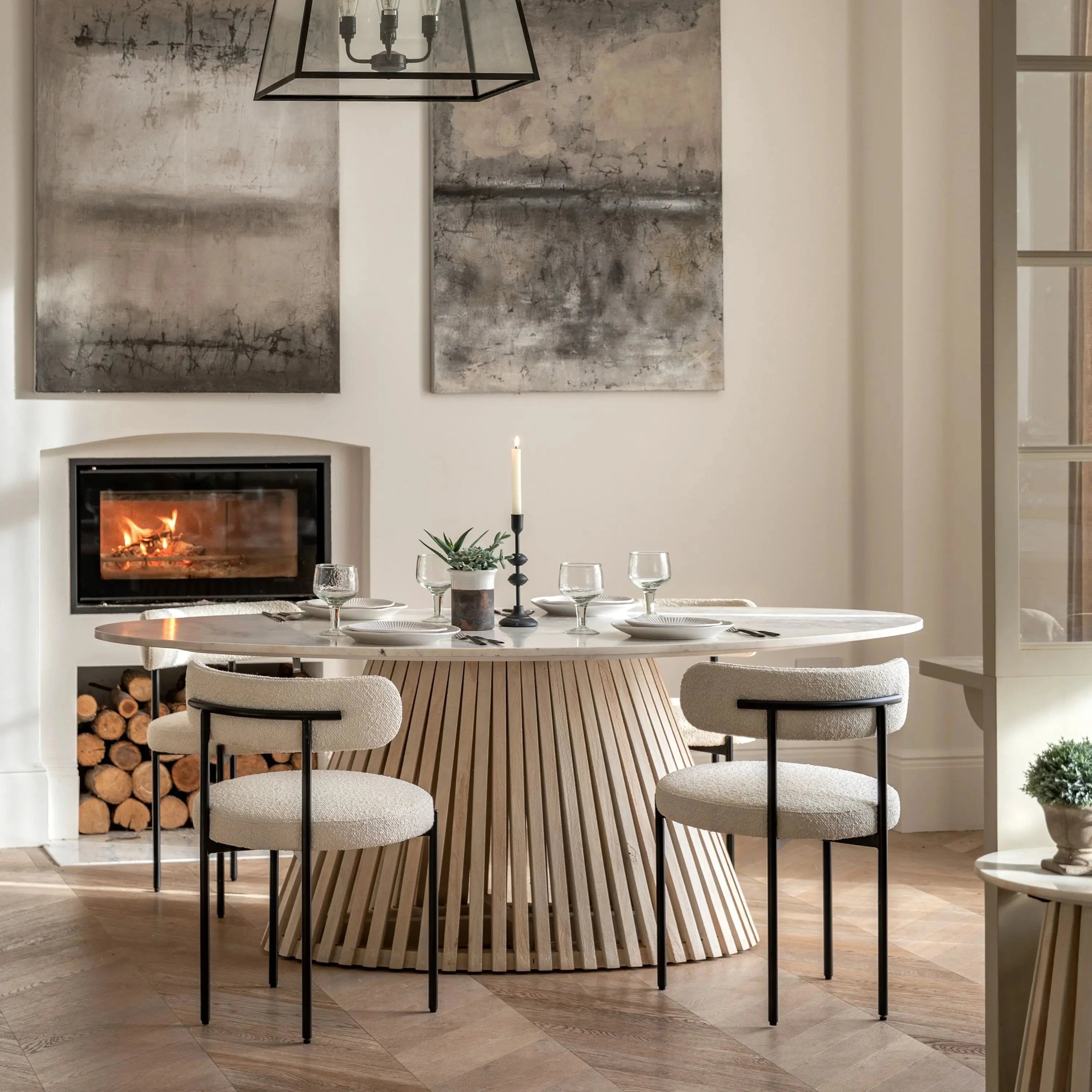 Tova Whitewash Slatted Wood Oval Dining Table with Marble Top Furniture