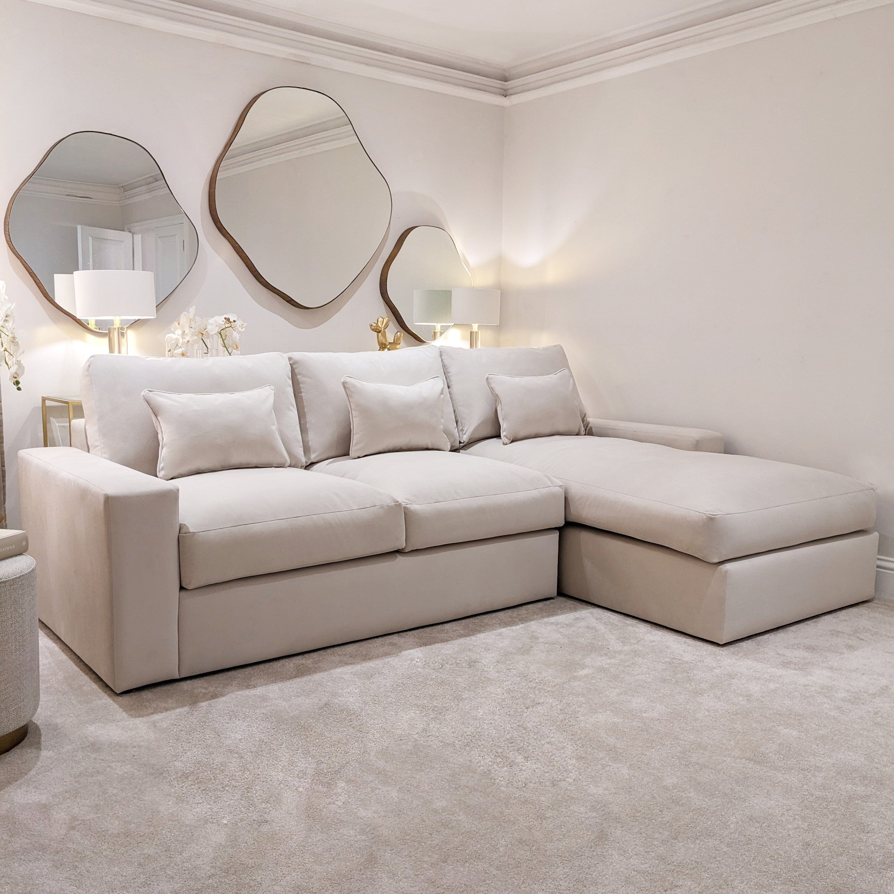 Tribeca Cream Velvet Sofa Range Medium Chaise End Sofa - Right Hand Facing