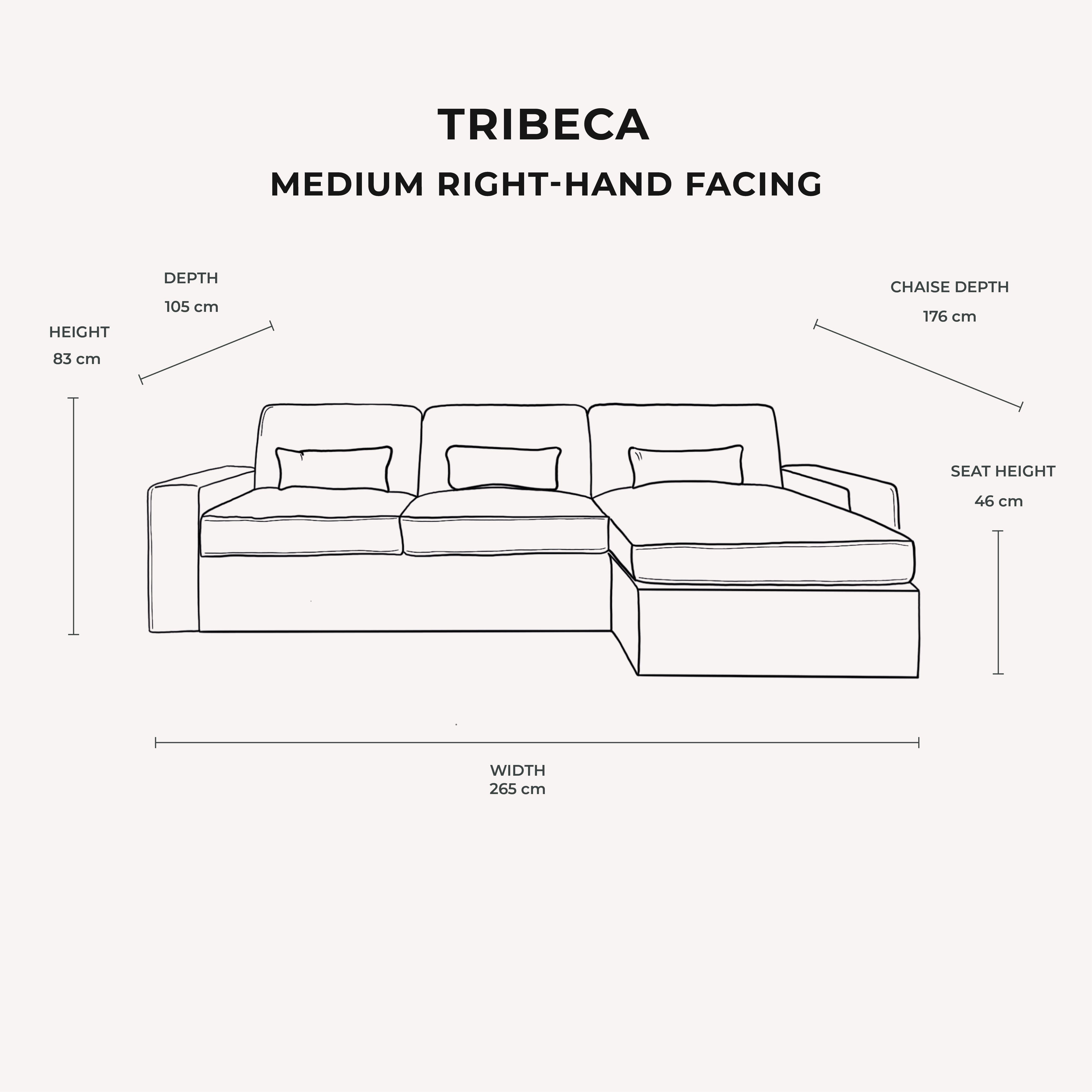 Tribeca Mink Velvet Medium Right Hand Facing Chaise End Sofa dimensions