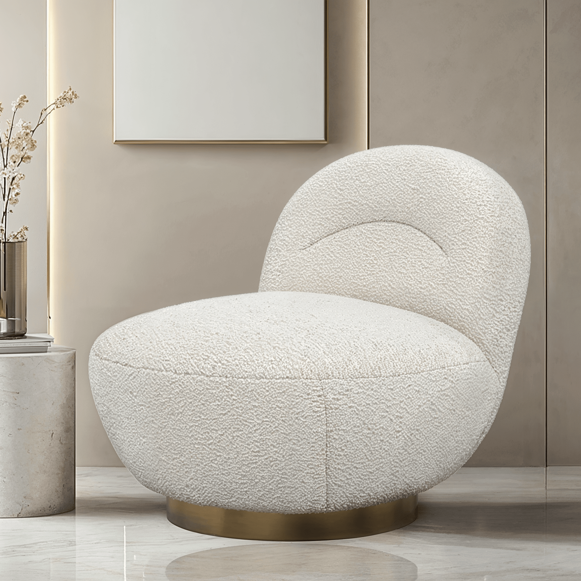 Tula Cream Upholstered Boucle Accent Chair with Gold Base – Rowen Homes