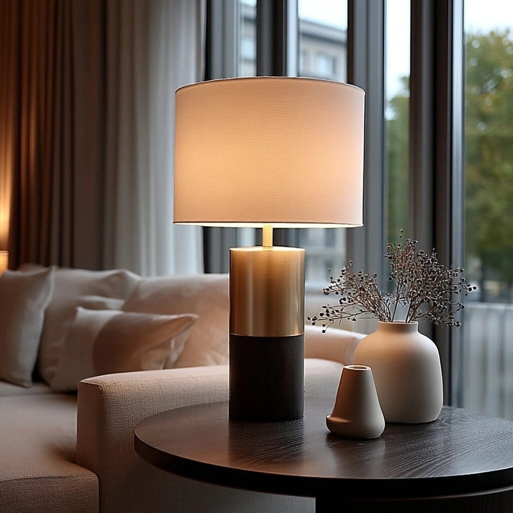 Turi Dark Wood & Gold Metal Table Lamp with White Shade Lighting