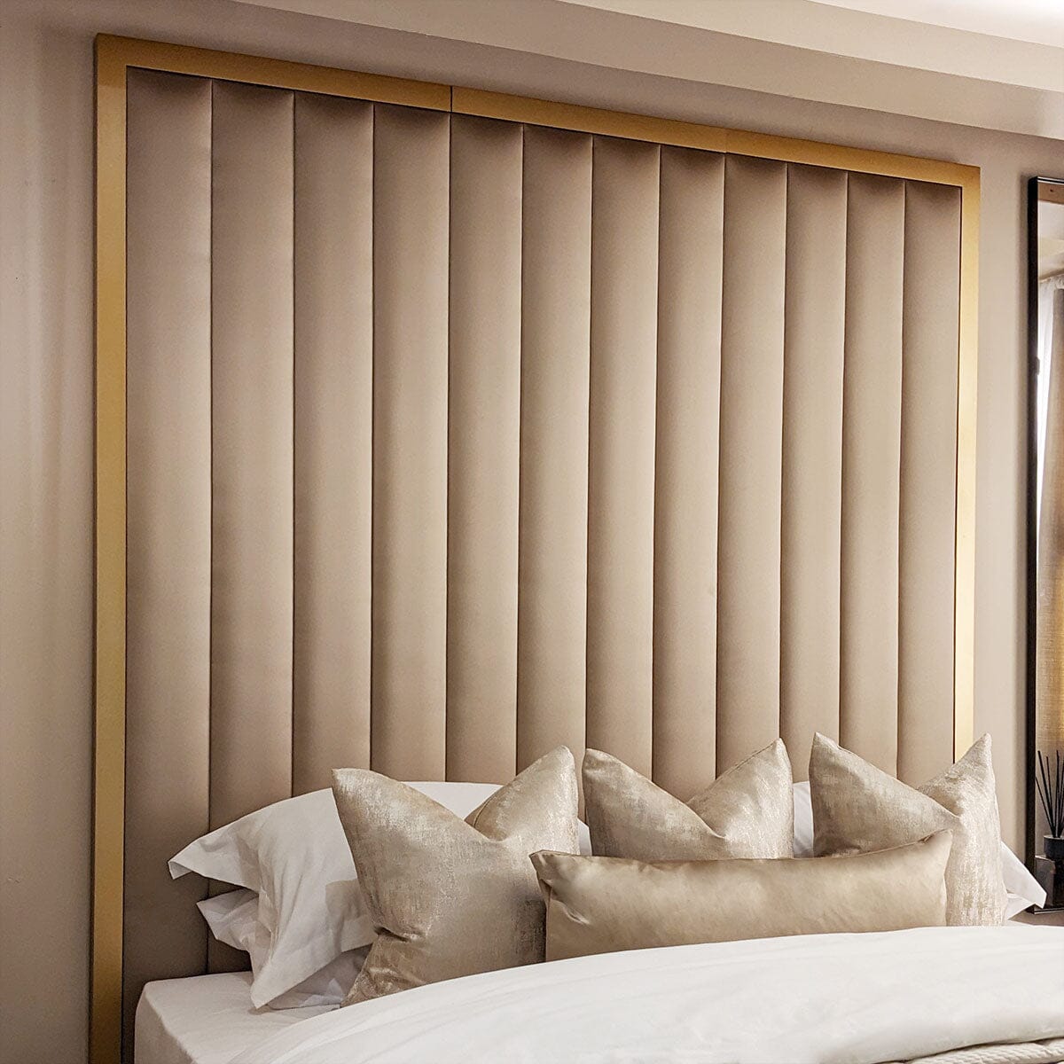Valentina Serena Hazel Satin & Gold Luxury Channelled Headboard MTO Beds and Headboards
