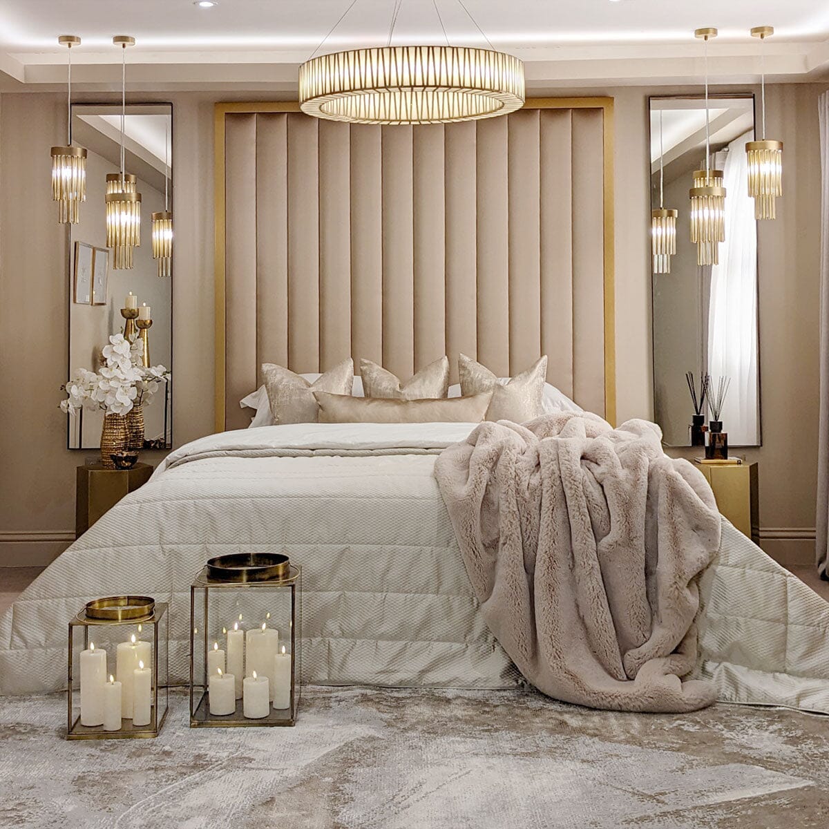 Valentina Serena Hazel Satin & Gold Luxury Channelled Headboard MTO Beds and Headboards