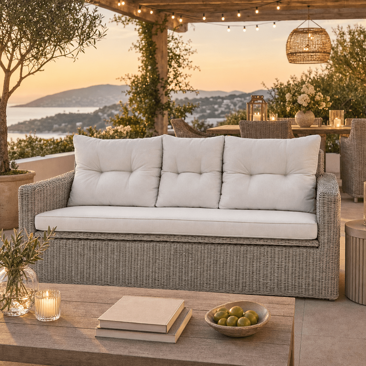 Vazzano Cream & Rattan 2 Seater Outdoor Storage Sofa Outdoor