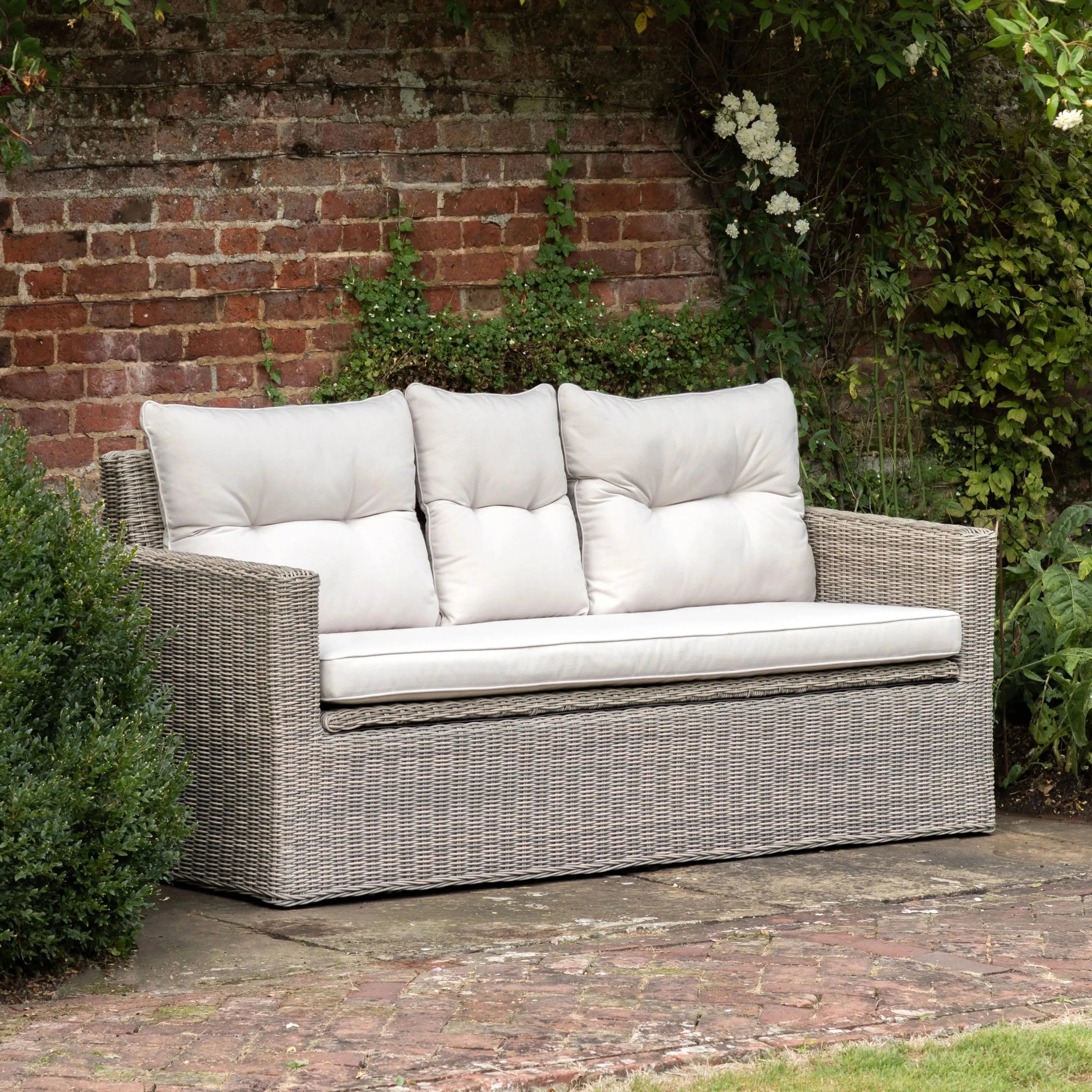 Vazzano Cream & Rattan 2 Seater Outdoor Storage Sofa Outdoor