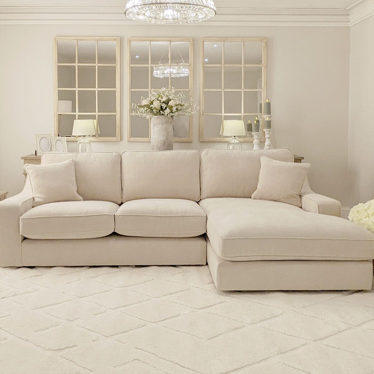 Victoria Beige Textured Medium Chaise End Sofa - Right Hand Facing Sofa Standard Back