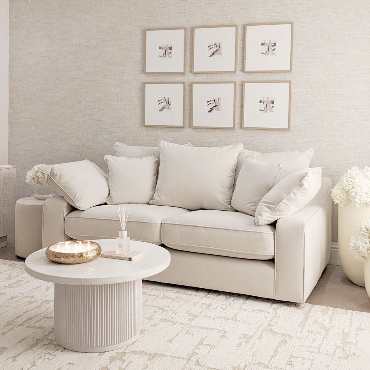 Victoria Cream Velvet 3 Seater Pillow Back Sofa MTO Sofa