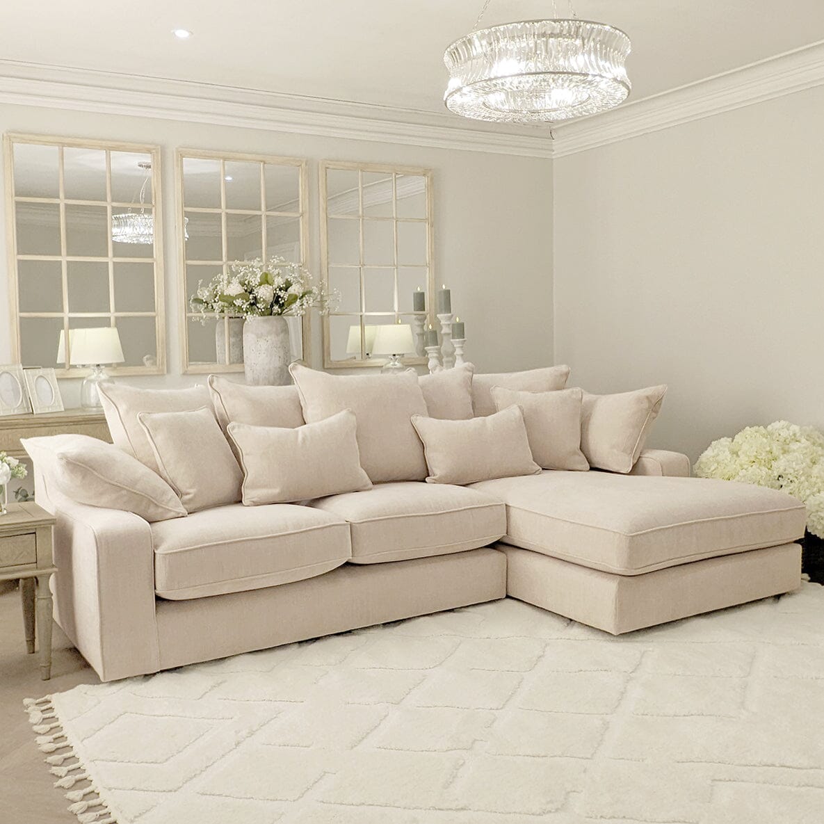 Victoria Luxury Beige Textured Sofa Range Sofa Large Right Hand Facing Pillow Back