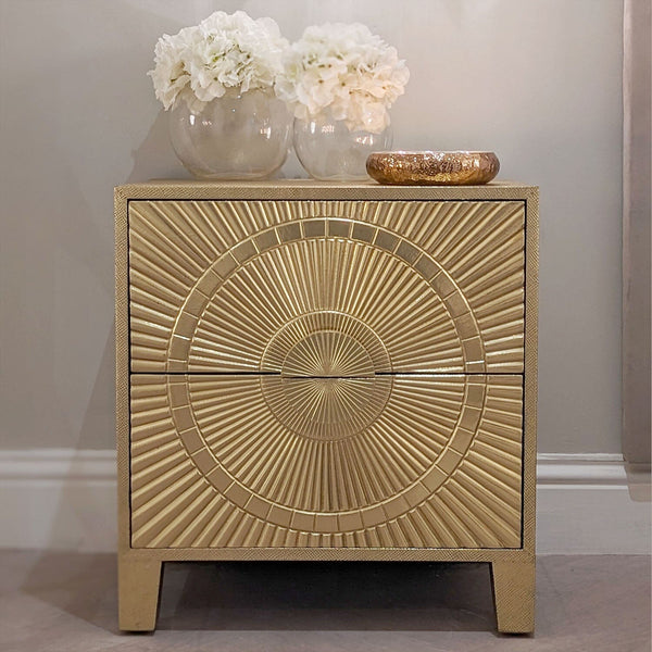 Vogue Gold Embossed Premium Metal 2 Drawer Bedside Table Furniture 