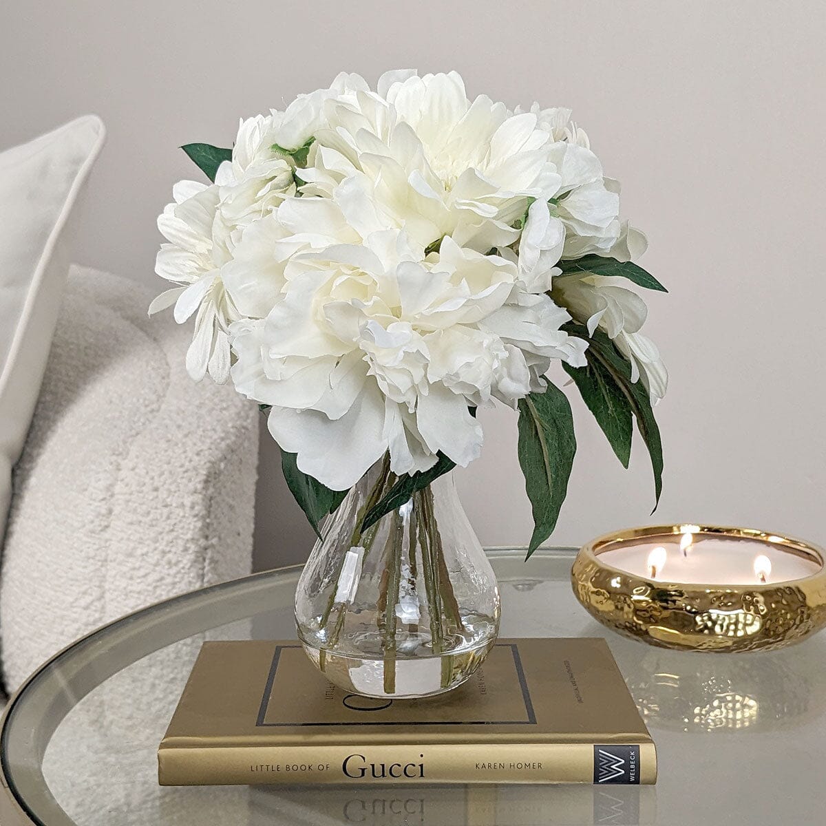 White Faux Peony & Gerbera Florals in Vase Accessories