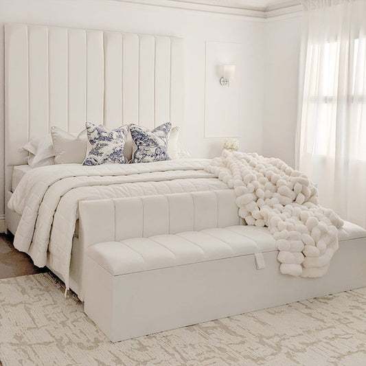 Zana Porcelain White Velvet Luxury Panelled Bed