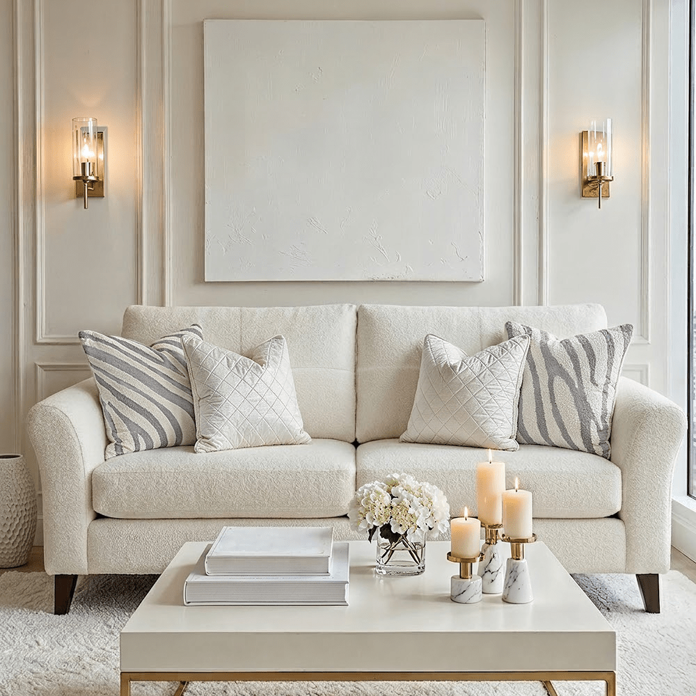 Zelda Cream Textured Chenille 2 Seater Sofa with Patterned Accent Cushions Sofa