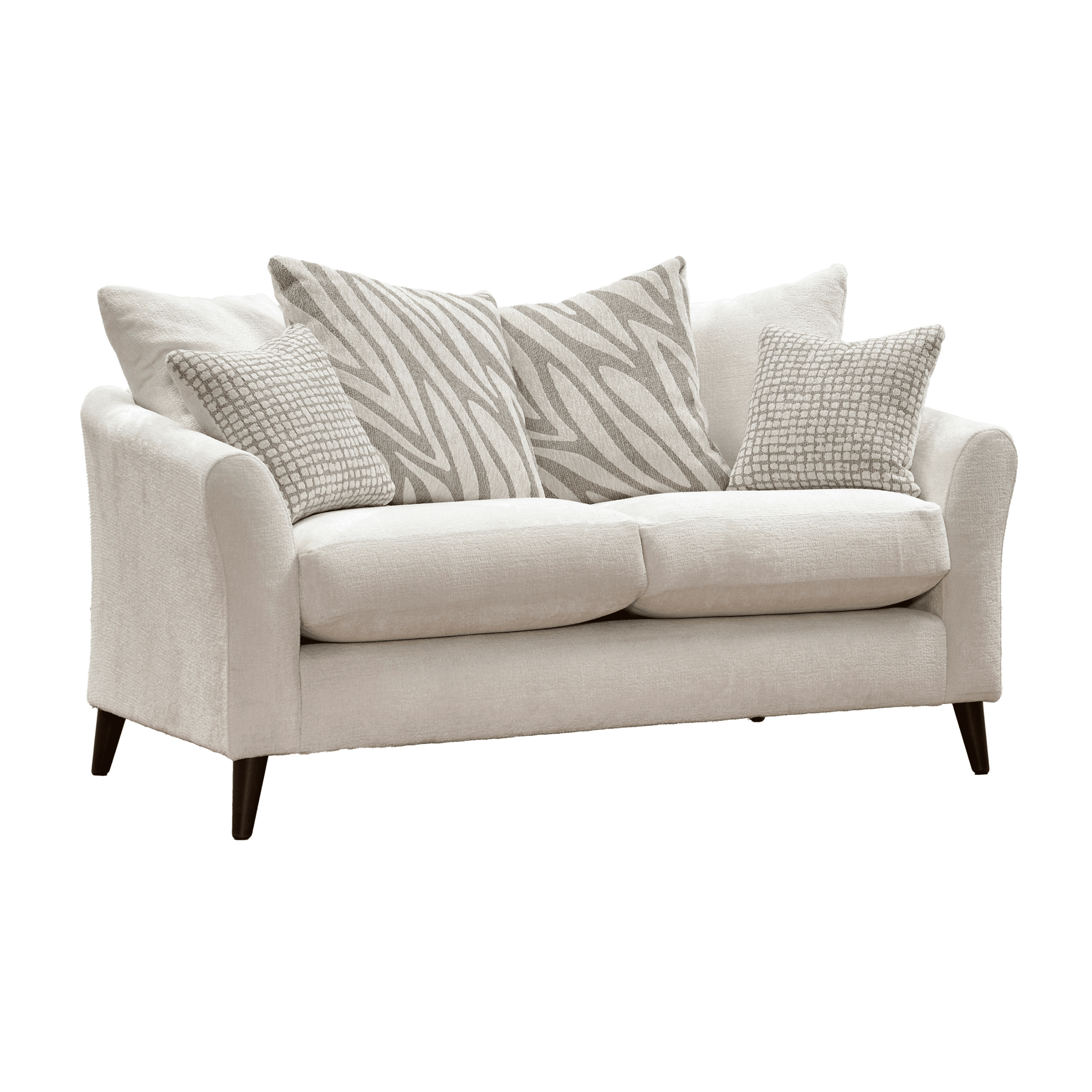 Zelda Cream Textured Chenille Pillow Back 2 Seater Sofa with Patterned Accent Cushions Sofa