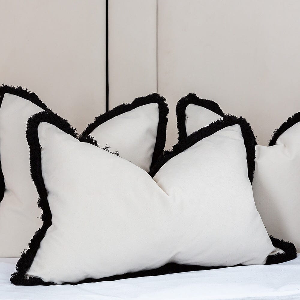 Ari Cream Velvet Bolster Cushion with Black Fringe Detail - 60x40cm Cushion