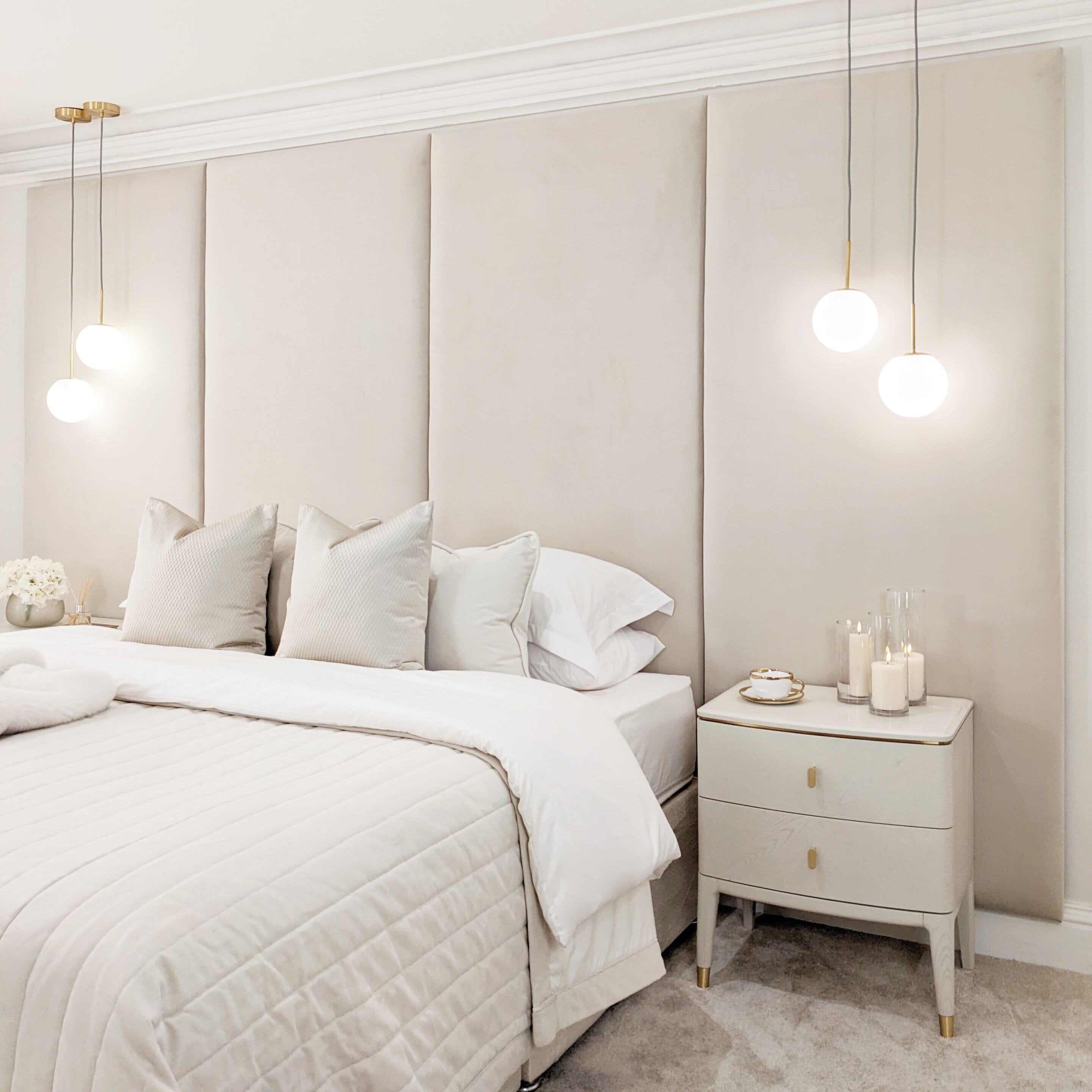 Cream Velvet Double Width Upholstered Headboard Wall Panel