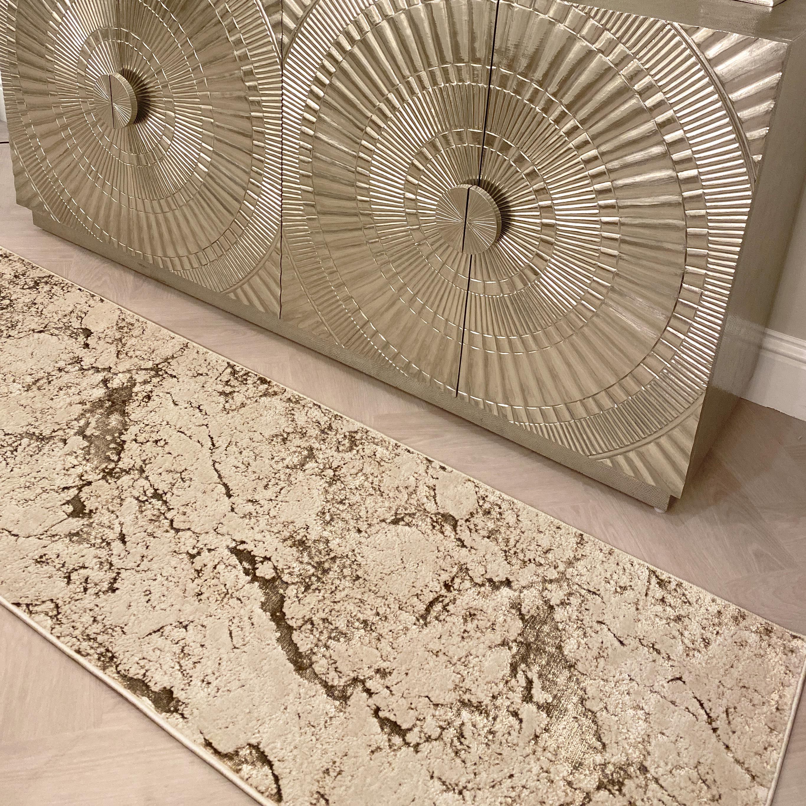 Jupiter Light Gold & Cream Metallic Marble Velvet Runner Rug