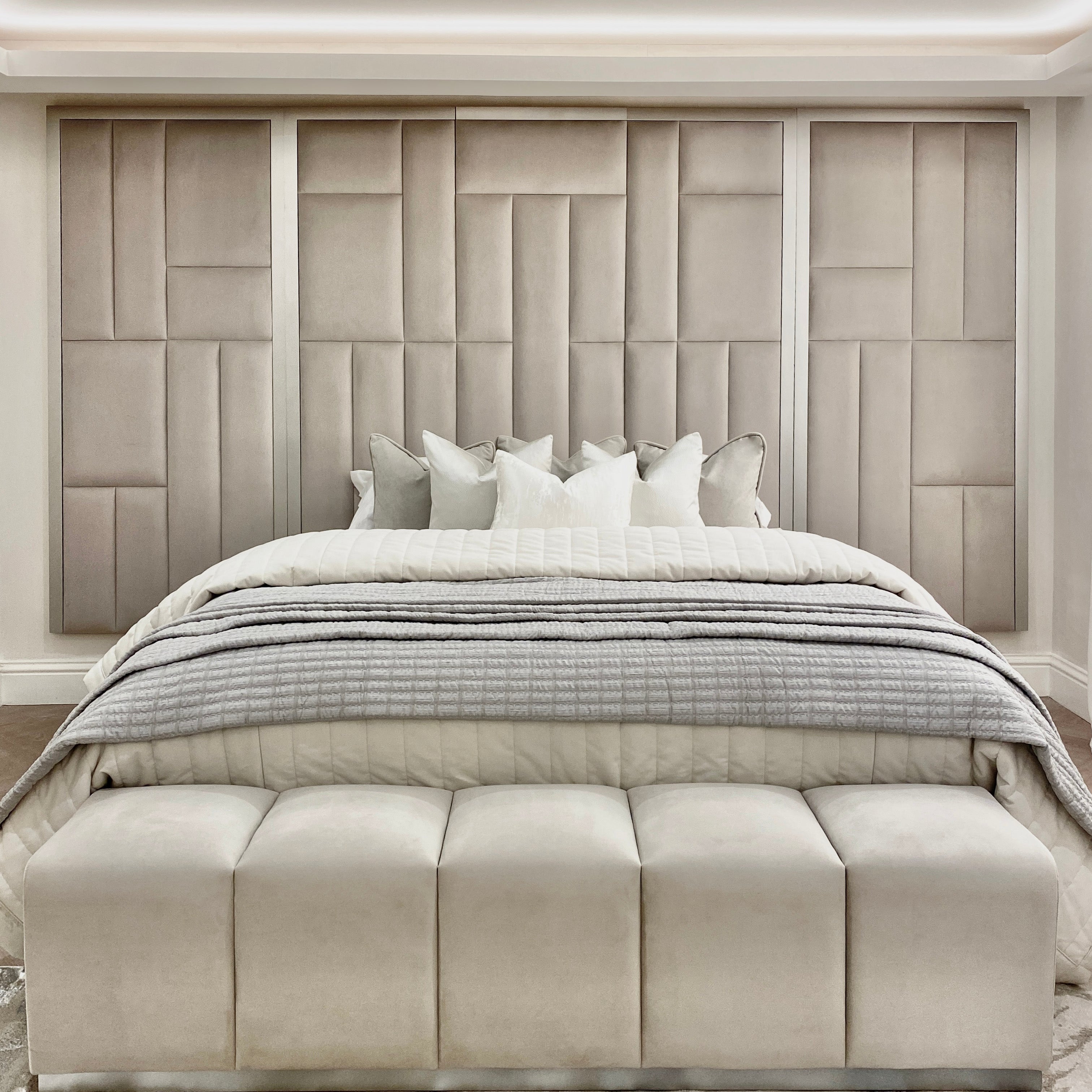 Kensington Smoke Grey & Silver Premium Abstract Headboard with Wings Headboard
